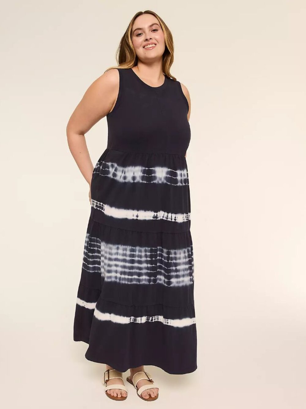 Lane Bryant Women's Navy Tie Dye Stripe Crew-Neck Tiered Maxi Dress Size 18/20